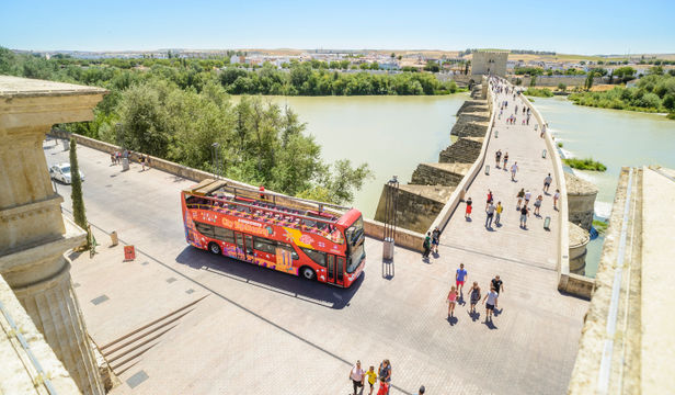 City sightseeing bus in Cordoba: Aerial view of the bus parked, ready for passengers to explore architectural wonders and return for a comfortable ride.