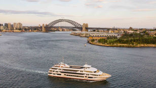 A stunning top-down view captures a cruise ship gracefully sailing the Sydney seas, framed by the iconic Sydney Harbour Bridge.