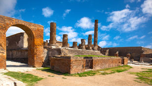 A stunning image of the Temple of Jupiter, a beautiful Roman Pompeii temple also known as the Capitoline Triad's temple.