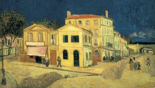 The image captures Van Gogh's hut portrait, brimming with vibrant village atmosphere through enchanting colors and brushstrokes.