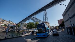Gray Line Porto Hop-On Hop-Off Bus traversing the streets of Porto, offering a convenient and flexible way to explore the city's highlights.