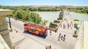 City sightseeing bus in Cordoba: Aerial view of the bus parked, ready for passengers to explore architectural wonders and return for a comfortable ride.