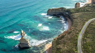 Breathtaking aerial perspective of the Great Ocean, revealing its stunning coastline and captivating natural beauty from above.