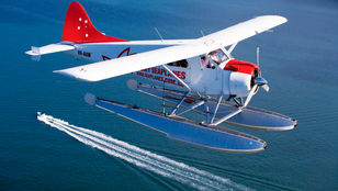 A seaplane soars gracefully through the sky, a breathtaking dance of flight against the backdrop of Earth's endless beauty.